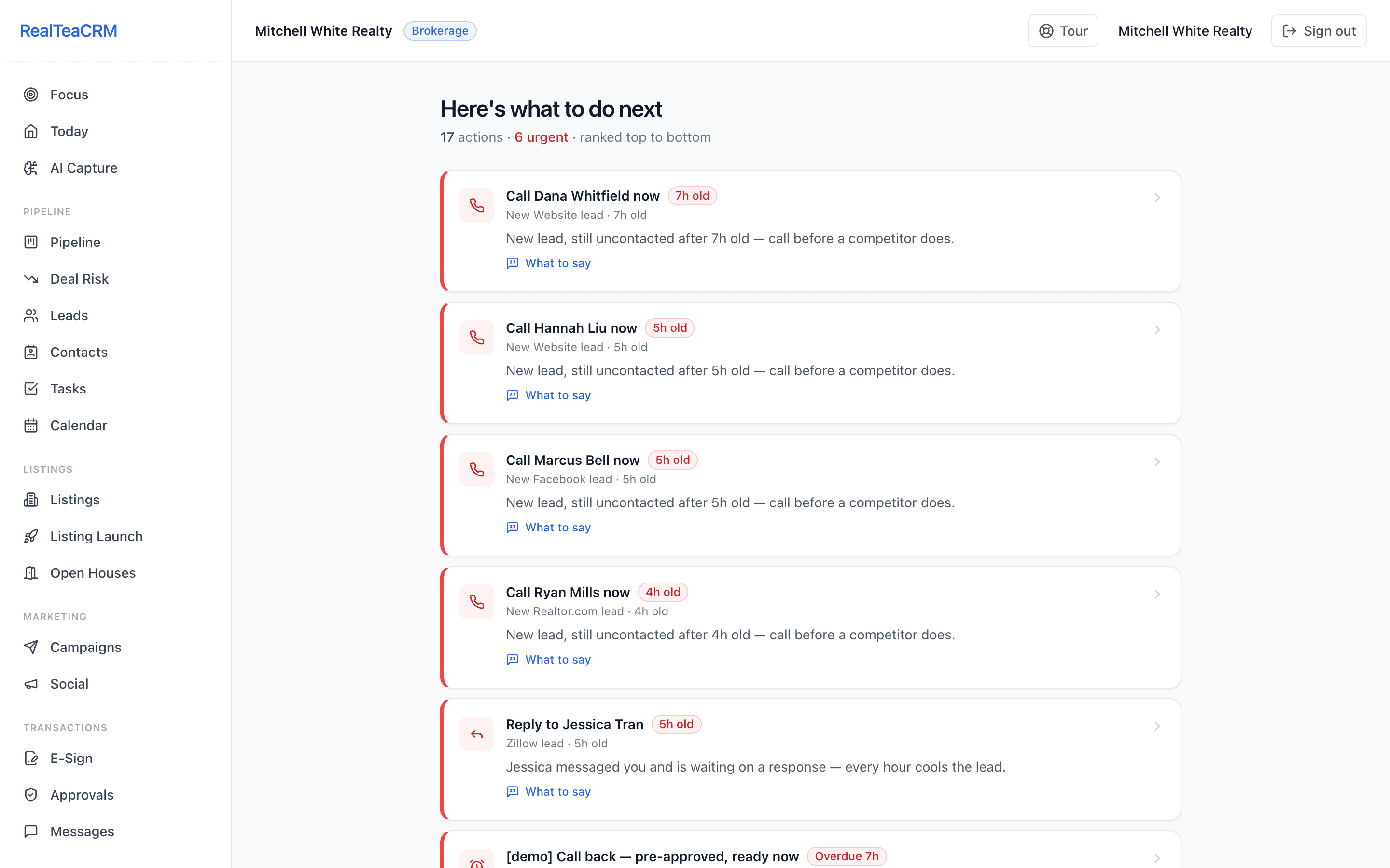 RealTeaCRM Focus view ranking the agent's next actions