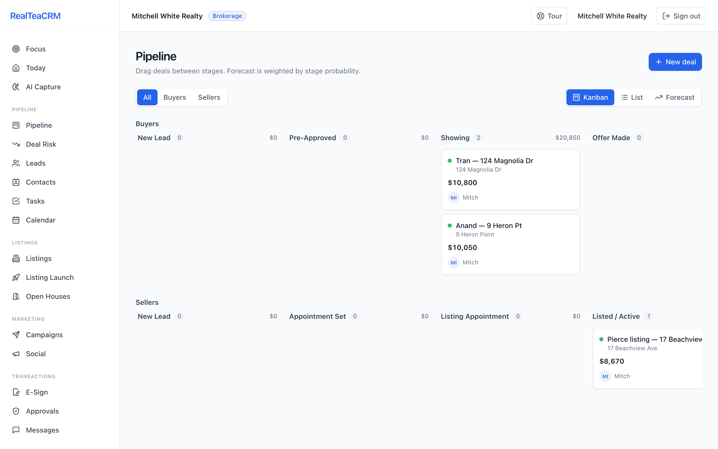 RealTeaCRM pipeline showing deals by stage